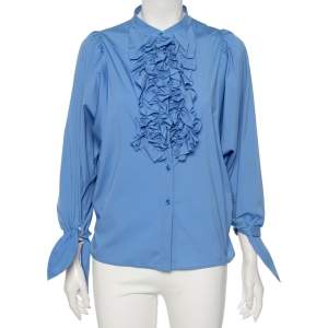 Pre Owned Yves Saint Laurent Blue Cotton Ruffled Neck Detail Button Front Shirt M