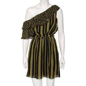 Saint Laurent Black & Yellow Star & Stripes Printed Georgette Mini Dress L