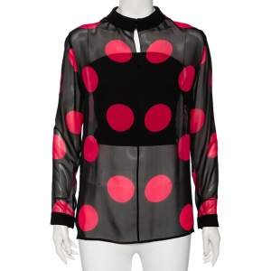 Saint Laurent Black & Pink Polka Dotted Silk Long Sleeve Blouse L