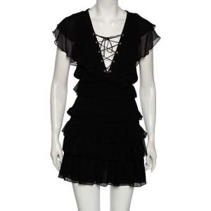 Saint Laurent Black Silk Chiffon Smocked Detail Ruffled Dress M