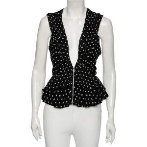 Saint Laurent Black Polka Dotted Silk Georgette Sleeveless Ruffled Top S
