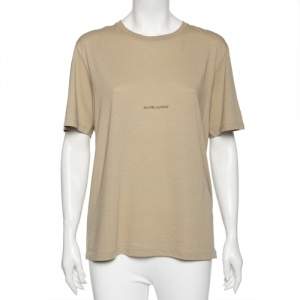 Saint Laurent Taupe Logo Printed Cotton Asymmetric Hem Detail T-Shirt S