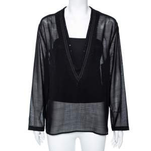 Saint Laurent Black Wool Lace Trimmed V-Neck Blouse S