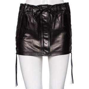 Saint Laurent Black Leather Lace-Up Detail Fringed Mini Skirt S
