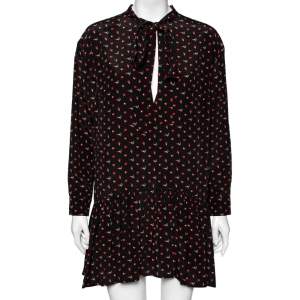 Saint Laurent Black Heart & Fire Printed Silk Neck Tie Detail Mini Dress L