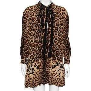 Saint Laurent Brown Leopard Printed Silk Neck Tie Detail Dress L