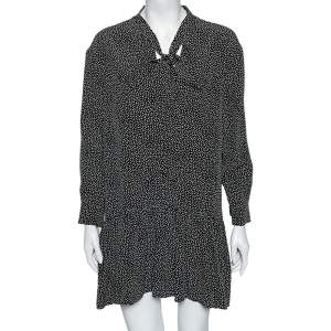 Saint Laurent Monochrome Polka Dotted Silk Neck Tie Detail Dress L