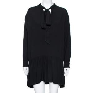 Saint Laurent Black Crepe Neck Tie Detailed Long Sleeve Dress L