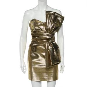Saint Laurent Gold Lurex Bow Detail Strapless Mini Dress XL