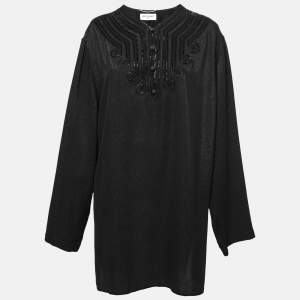 Saint Laurent Black Shiny Silk Bead Embroidered Tunic L