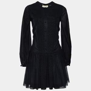 Saint Laurent Black  Cotton Pleat Detail Long Sleeve Dress M