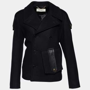 Saint Laurent Black Wool Leather Trimmed Flap Pocket Detailed Jacket M