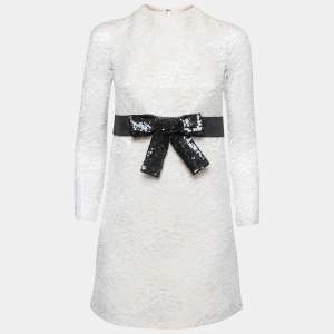 Saint Laurent Cream Floral Lace Sequined Bow Detail Dress S