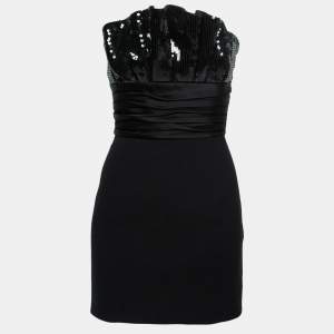 Saint Laurent Black Wool Sequin Embellished Ruffled Buster Mini Dress S 