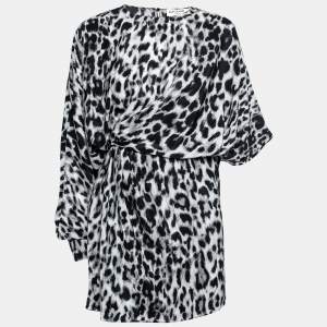Saint Laurent Grey Leopard Print Silk Asymmetric Mini Dress S