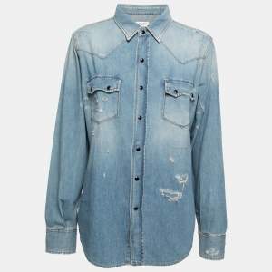 Saint Laurent Paris Light Blue Distressed Denim Pocketed Shirt L
