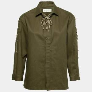 Saint Laurent Olive Green Cotton Lace Up Detail Blouse M