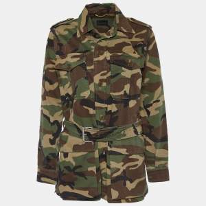 Saint Laurent Military Green Camo Printed Cotton Applique Detail Belted Jacket M