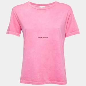 Saint Laurent Paris Pink Logo Print Cotton Crew Neck T-Shirt XS