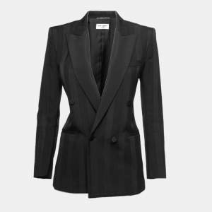 Saint Laurent Paris Black Wool Ribbon Striped Double Breasted Blazer S
