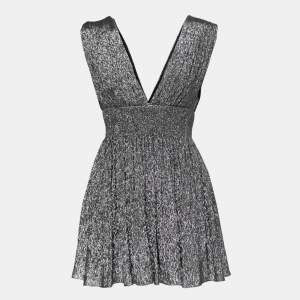 Saint Laurent Metallic Plunge Neck Pleated Mini Dress S