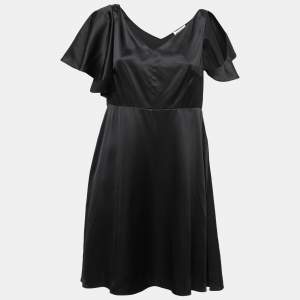 Saint Laurent Black Silk Satin Cut Out Ruffle Sleeve Short Dress L