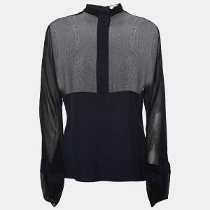 Yves Saint Laurent Rive Gauche Black Chiffon & Crepe High Neck Top M