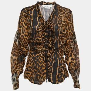 Saint Laurent Black Animal Print Silk Zip Front Neck Tie Detail Full Sleeve Top L