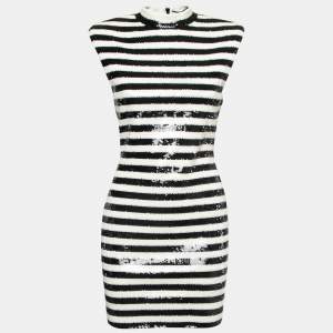 Saint Laurent Black/White Stripe Pattern Sequin Sleeveless Mini Dress M