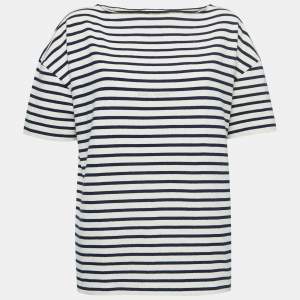 Saint Laurent Cream/Navy Blue Striped Cotton T-Shirt L