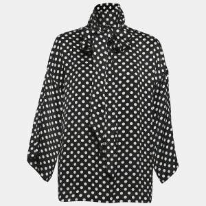 Saint Laurent Paris Black Polka Dot Crepe Tie Neck Blouse S