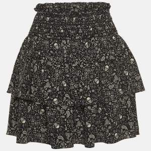Saint Laurent Black Skull Print Silk Shirred Mini Skirt M