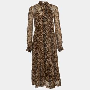 Saint Laurent Brown Leopard Print Chiffon Midi Dress S