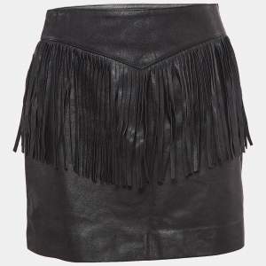 Saint Laurent Black Leather Fringe Detail Mini Skirt M
