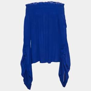 Saint Laurent Blue Smocked Silk Off-Shoulder Flared Sleeve Blouse M