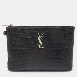 Saint Laurent Black Croc Embossed Leather Monogram Zip Pouch