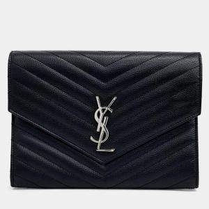 Saint Laurent Black Leather Monogram Envelope Clutch 