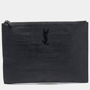 Saint Laurent Black Croc Embossed Leather Monogram Zip Pouch