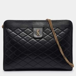 Saint Laurent Black Quilted Leather Victoire Chain Clutch 