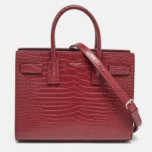 Saint Laurent Burgundy Croc Embossed Leather Baby Classic Sac De Jour Tote