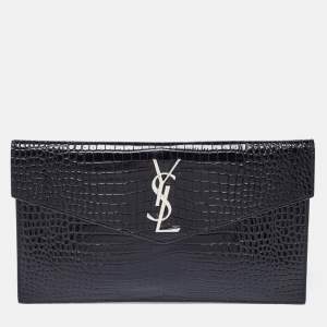 Saint Laurent Black Shine Croc Embossed Leather Medium Uptown Pouch