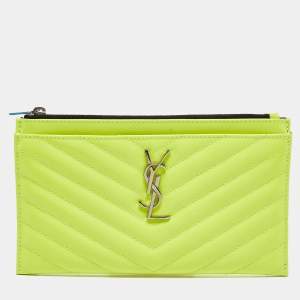 Saint Laurent Neon Yellow Matelasse Patent Leather Monogram Bill Pouch