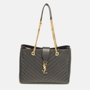 Saint Laurent Black Matelassé Leather Cassandre Shopper Tote