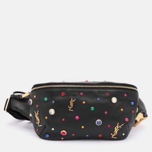 Saint Laurent Black Leather Monogram Embellished Belt Bag