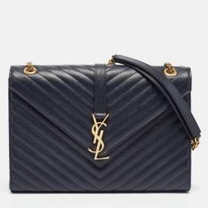 Saint Laurent Navy Blue Matelassé Leather Large Monogram Shoulder Bag