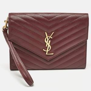 Saint Laurent Burgundy Matelassé Leather Monogram Envelope Wristlet Clutch