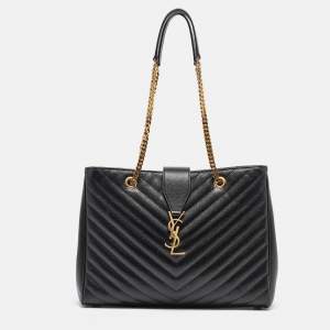 Saint Laurent Black Chevron Leather Cassandre Chain Tote