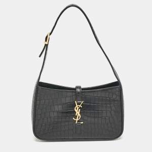 Saint Laurent Black Croc Embossed Leather LE 5 À 7 Hobo