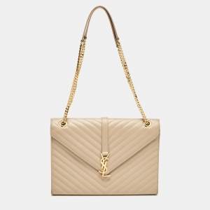 Saint Laurent Beige Chevron Leather Large Monogram Envelope Shoulder Bag