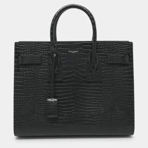 Saint Laurent Dark Green Croc Embossed Leather Small Classic Sac De Jour Tote